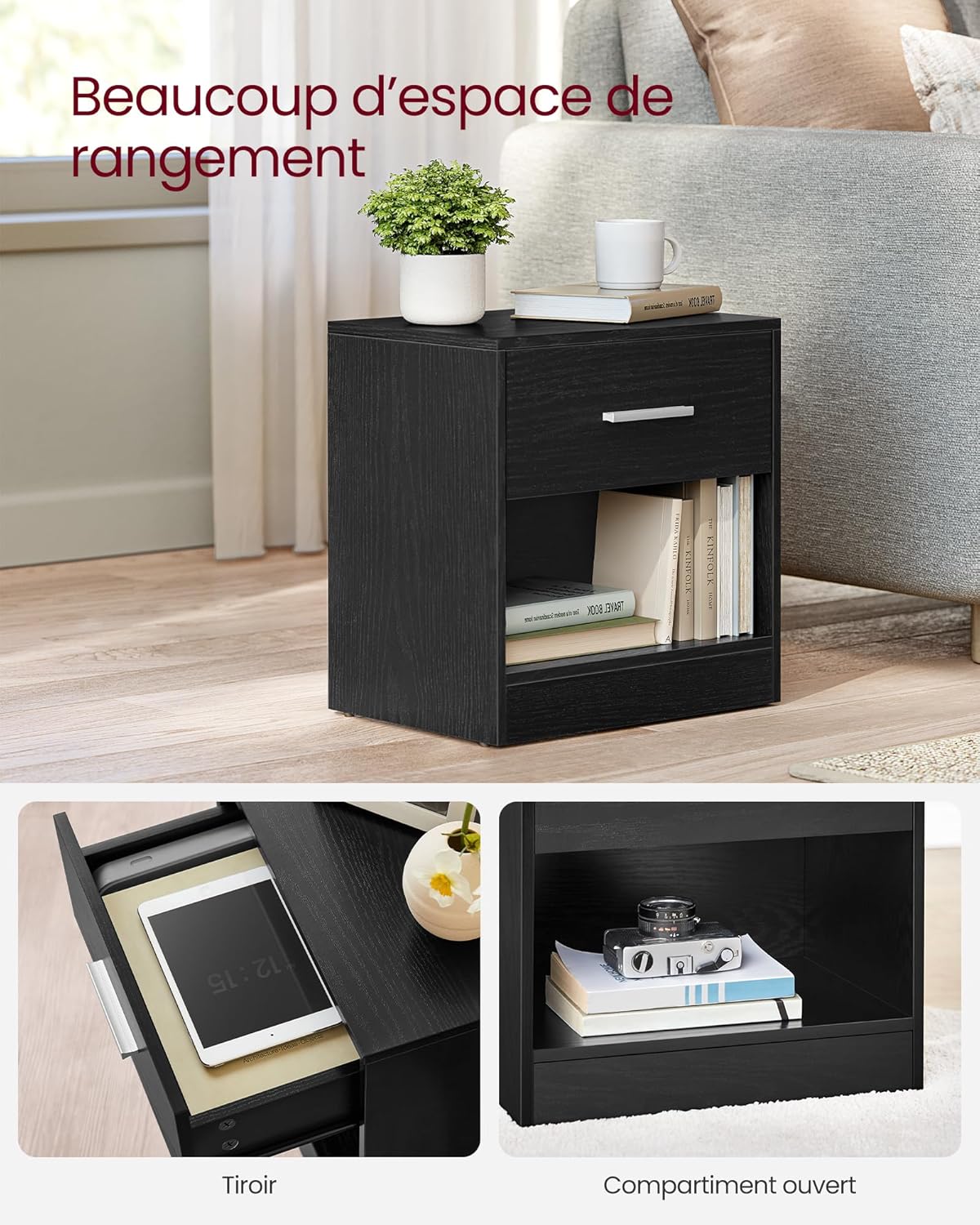 VASAGLE - Table de nuit LET619T56 -  dimensions compactes - tiroir, poignée, compartiment ouvert, noir classique