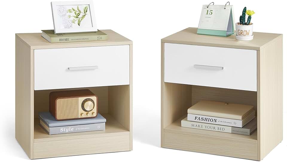 VASAGLE - Table de nuit lot de 2, tiroir, beige/blanc, compact, LET819T67