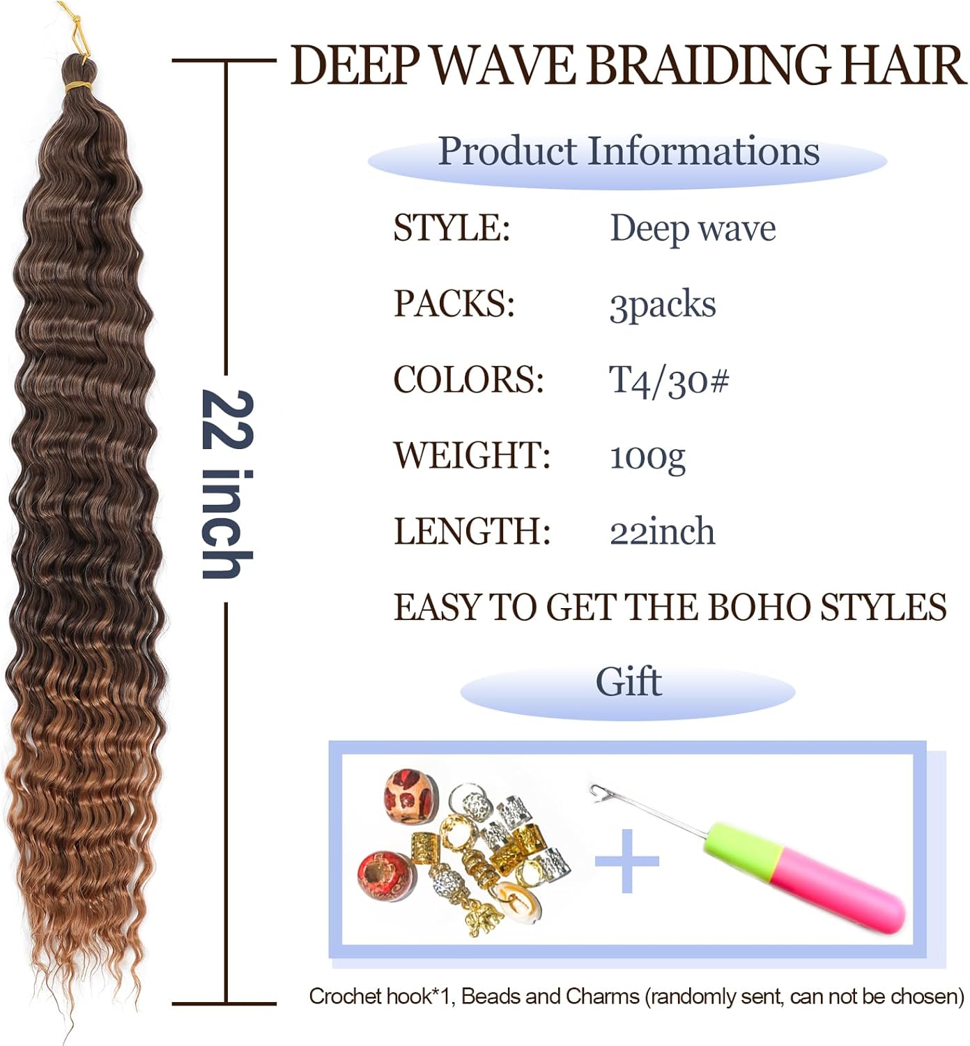Extensions cheveux - Ocean Wave deep wave - 22 pouces, lot de 3, synthétiques, T4/30#