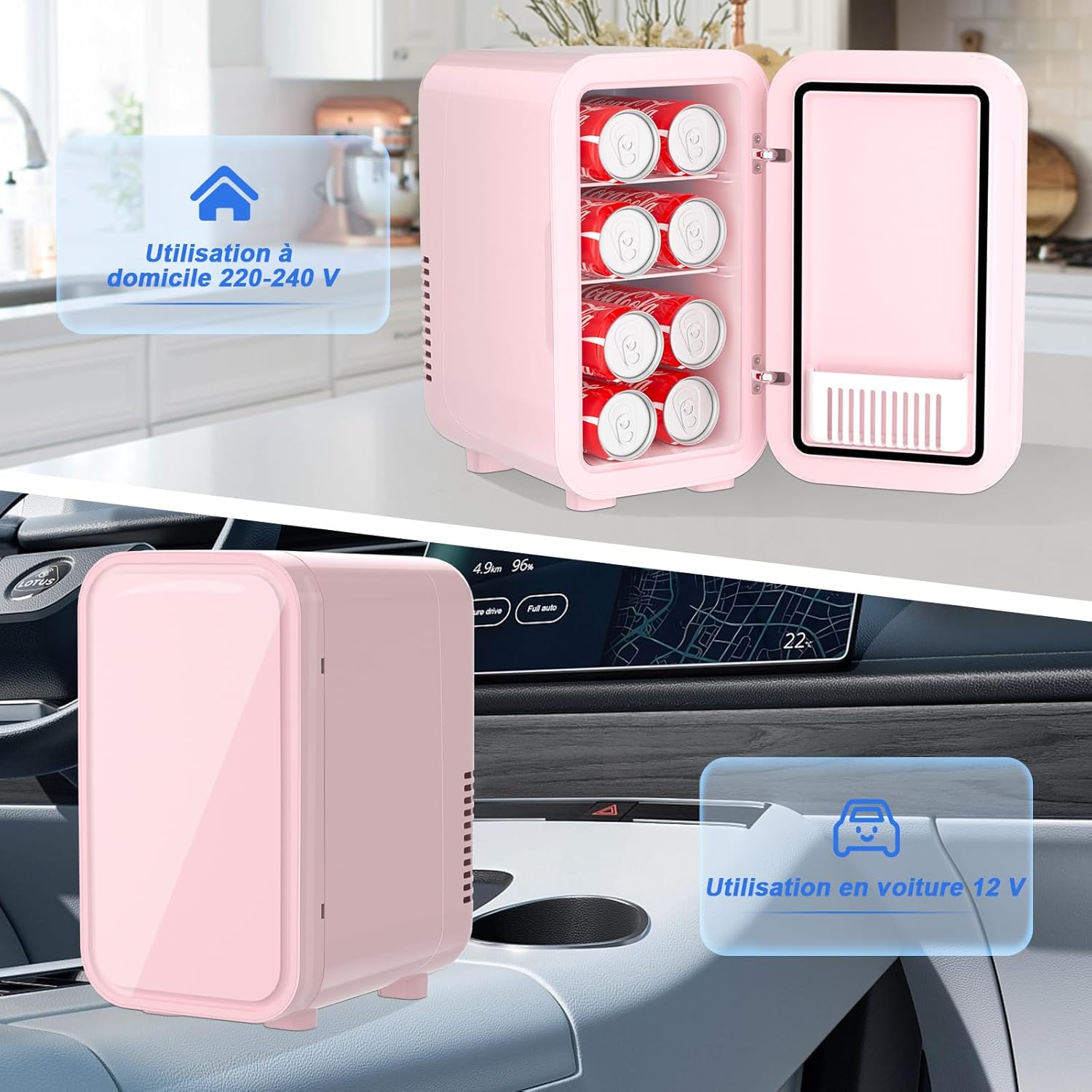 YASHE - Mini réfrigérateur 6L - portable AC/DC, 8 canettes, rose