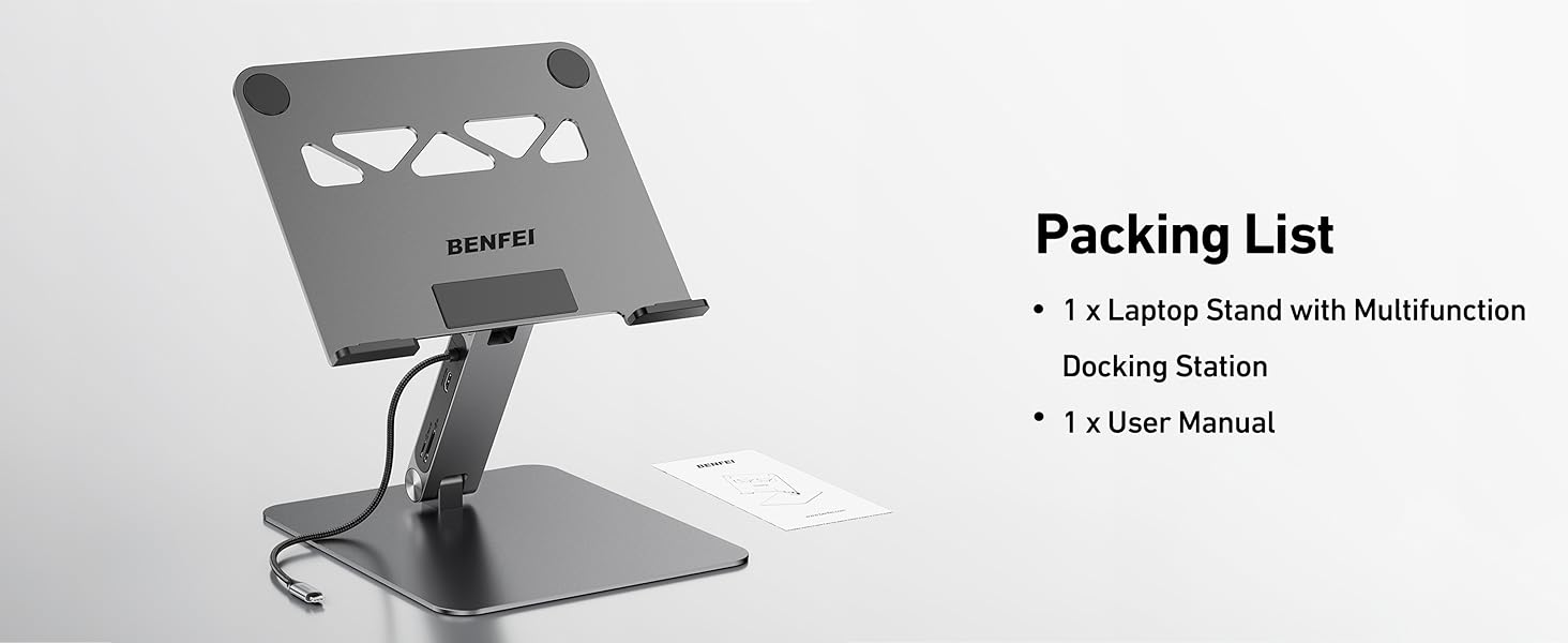 Support ajustable pour ordinateur portable en métal avec découpes géométriques. Dispose d'un bras flexible et d'une fonctionnalité de station d'accueil. La liste de colisage indique le support et le manuel d'utilisation inclus.