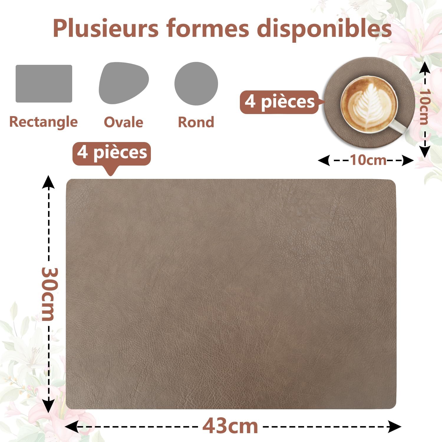 Set de table - lot de 4 en cuir PU - 43x30cm - lavables et antidérapants