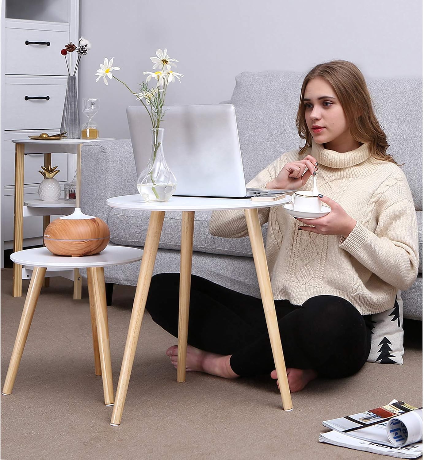 SONGMICS - table basse ronde lot de 2, bois de pin, style scandinave, LET07WN