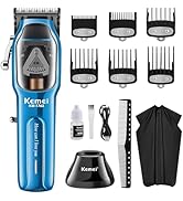 en bleu métallisé avec écran LCD, comprend 6 peignes guides, un câble de chargement, une brosse de nettoyage, un peigne de coiffage, une cape de coiffeur