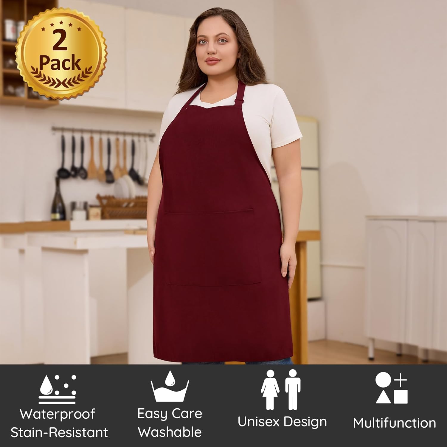 Tablier de chef - lot de 2 - grande taille - unisexe, 2 poches, cuisine, travail
