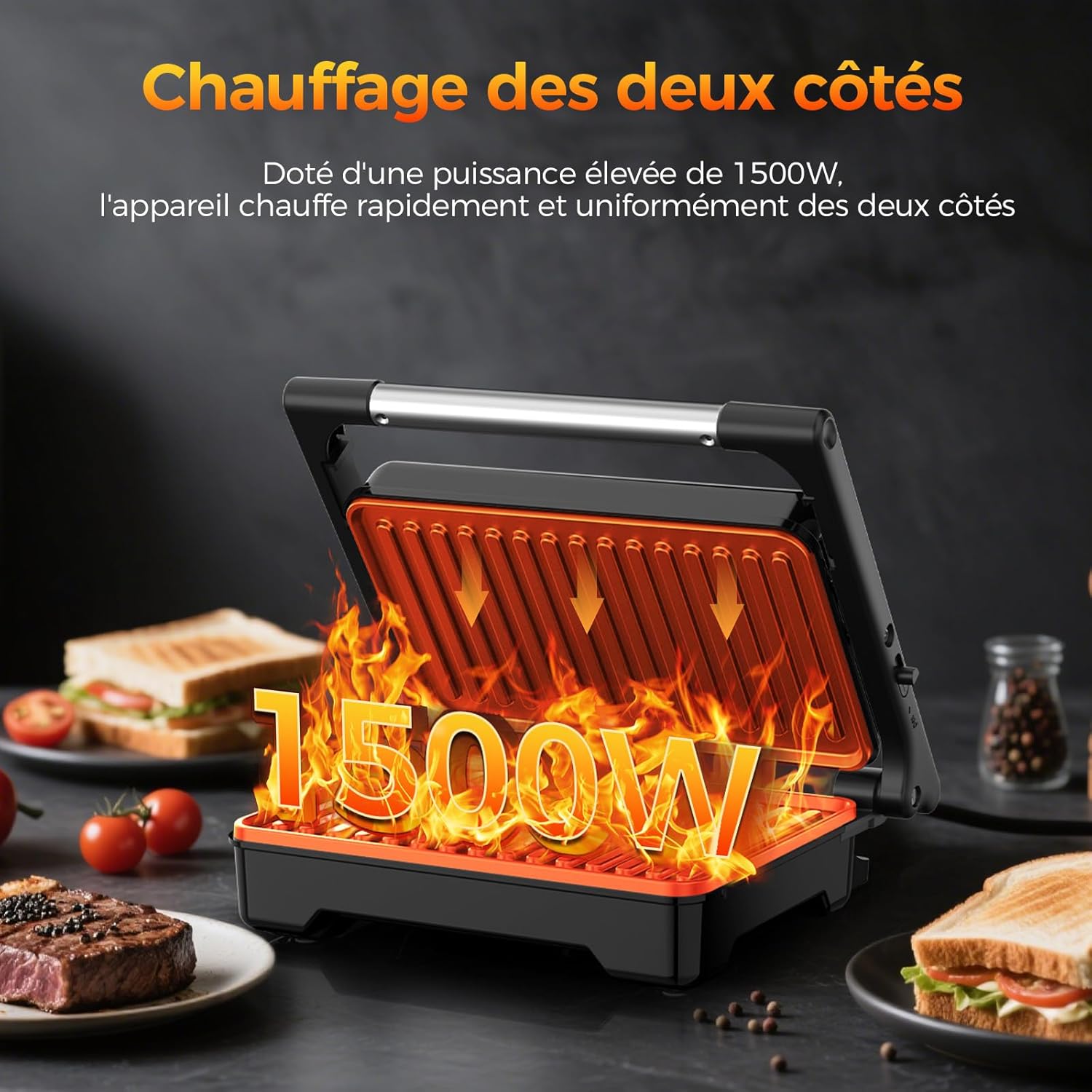 YASHE - Grille-Panini 2 tranches, 1500W, plaques XXL antiadhésives