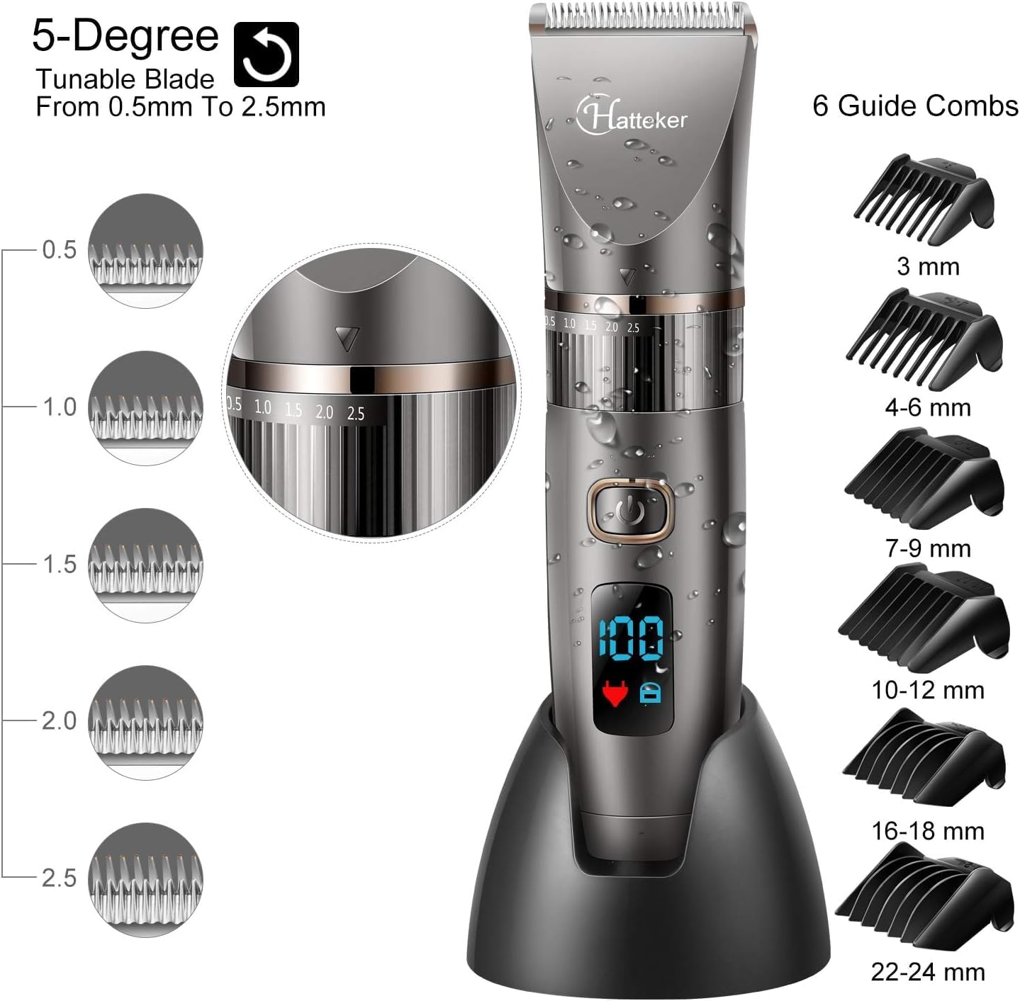 Hatteker - Tondeuse 3 en 1 sans fil, étanche, barbe et cheveux, précision
