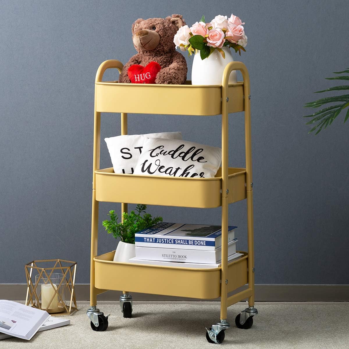 DOEWORKS - Chariot à roulettes 3 niveaux, métal, rangement cuisine, beige, compact
