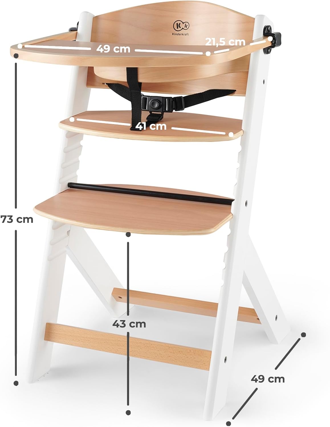 Kinderkraft - ENOCK - chaise haute évolutive, bois hêtre, harnais 3 pts, 35 kg, plateau amovible, blanc