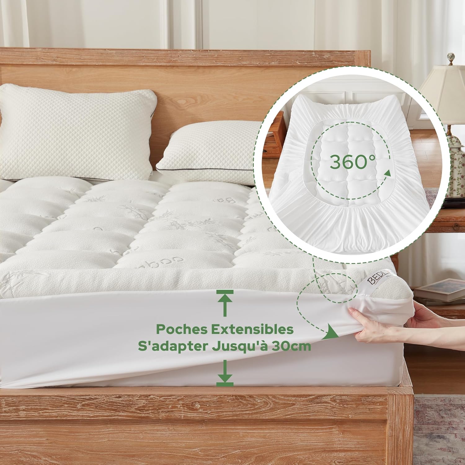 BEDLORE - surmatelas matelassé 140x200 cm, viscose bambou respirant, bonnet 30 cm, Oeko-Tex