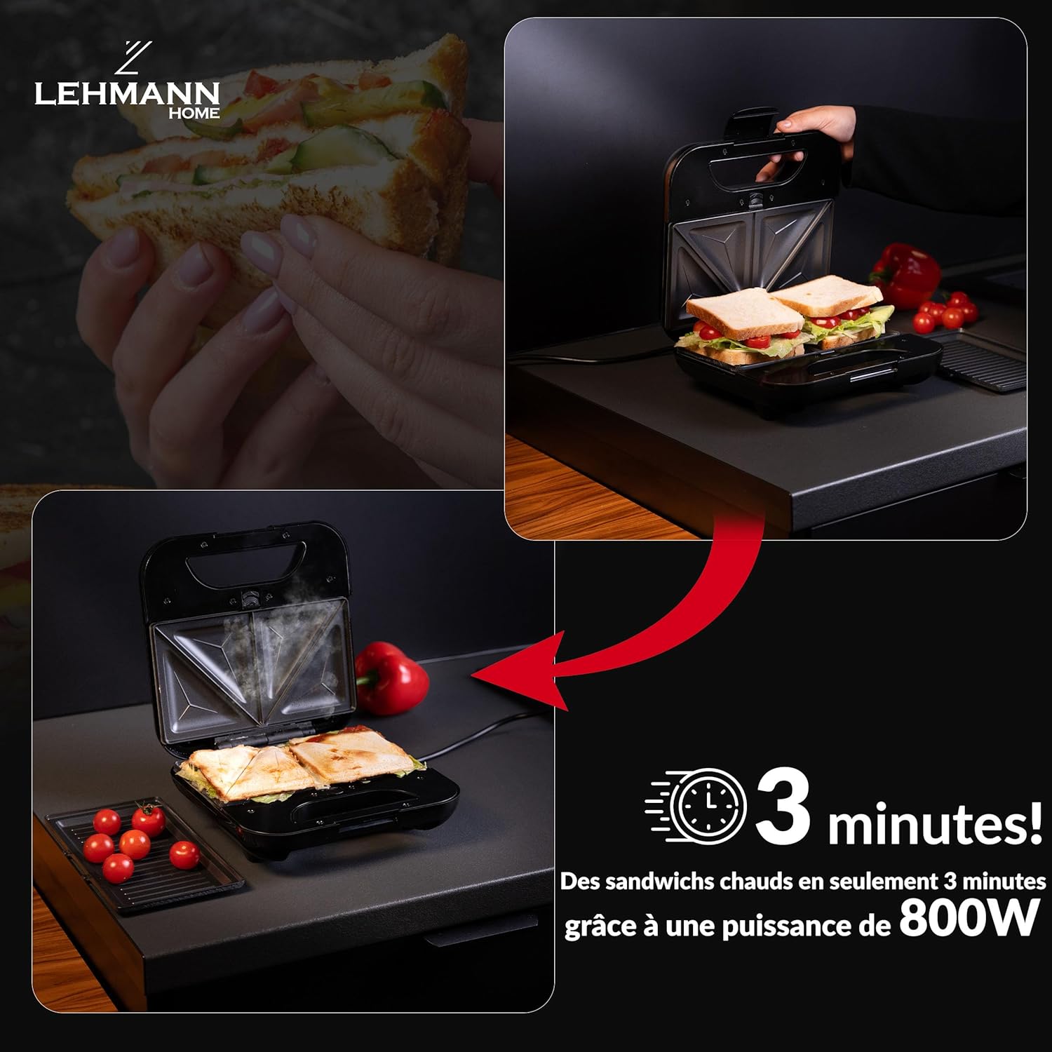 LEHMANN - Appareil 3-en-1, plaques interchangeables, revêtement antiadhésif, préparation rapide