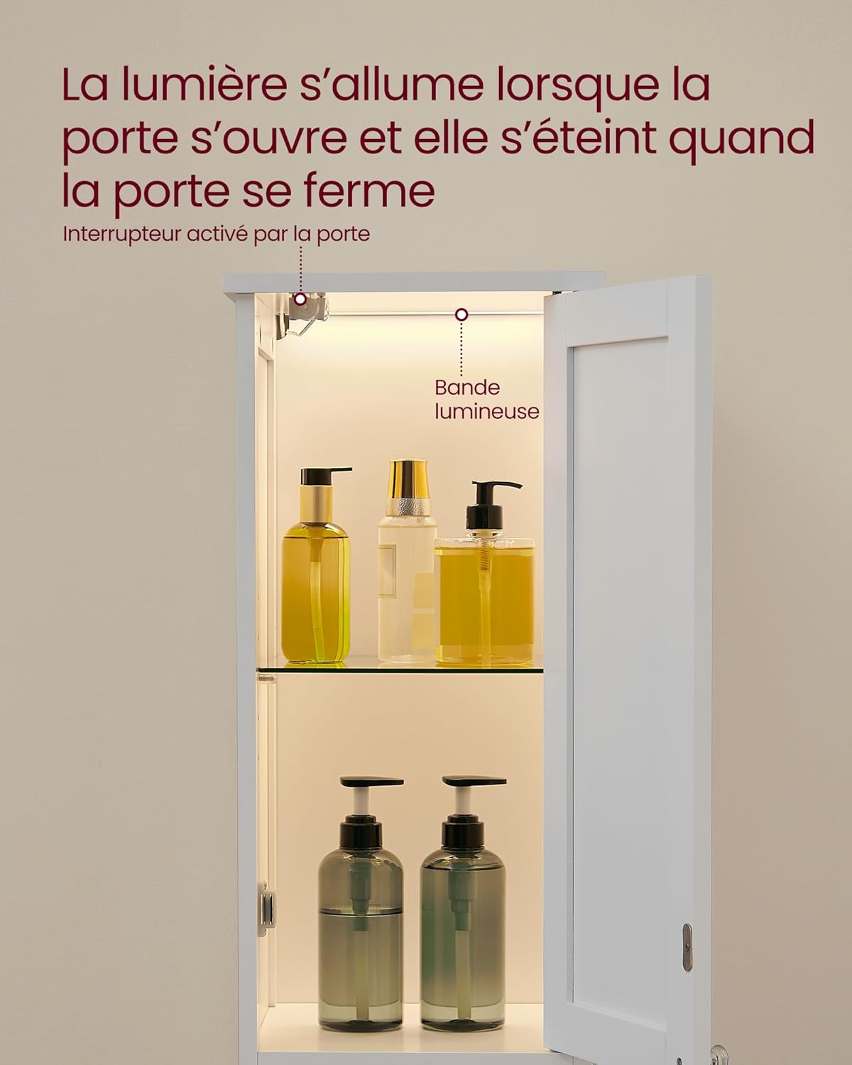 VASAGLE - armoire salle de bain haute, blanche, étagères réglables, éclairage, BBC566W03