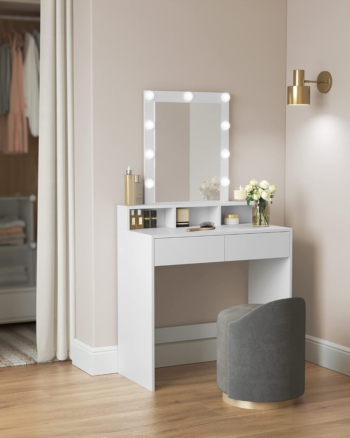 VASAGLE - Kailyn Collection - coiffeuse LED, 2 tiroirs, 3 compartiments, style moderne, blanc - RDT114WB01