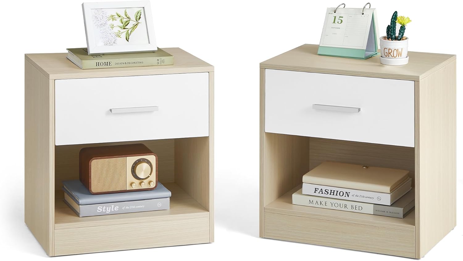 VASAGLE - Table de nuit lot de 2, tiroir, beige/blanc, compact, LET819T67