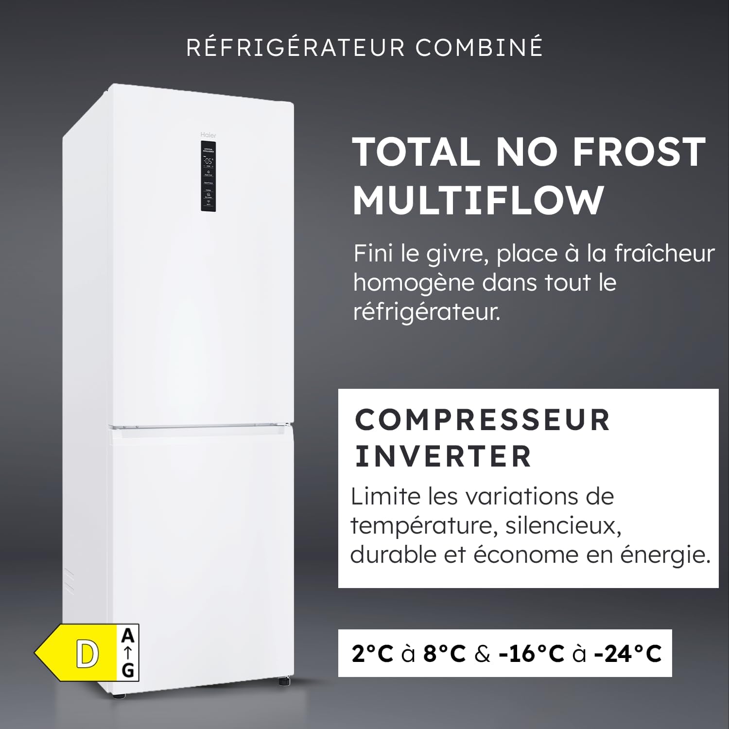Haier – combiné blanc – 235L+117L, No Frost, classe D, 185x59,5x66,7 cm – HDPW5618DNPW