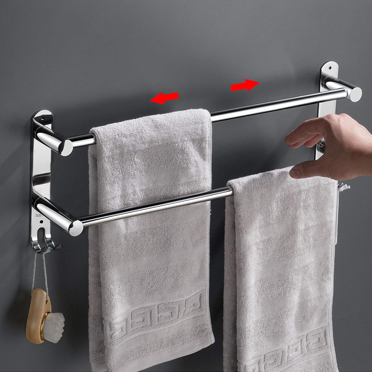 Porte-serviettes salle de bain 2 niveaux, inox, rétractable, mural, argent
