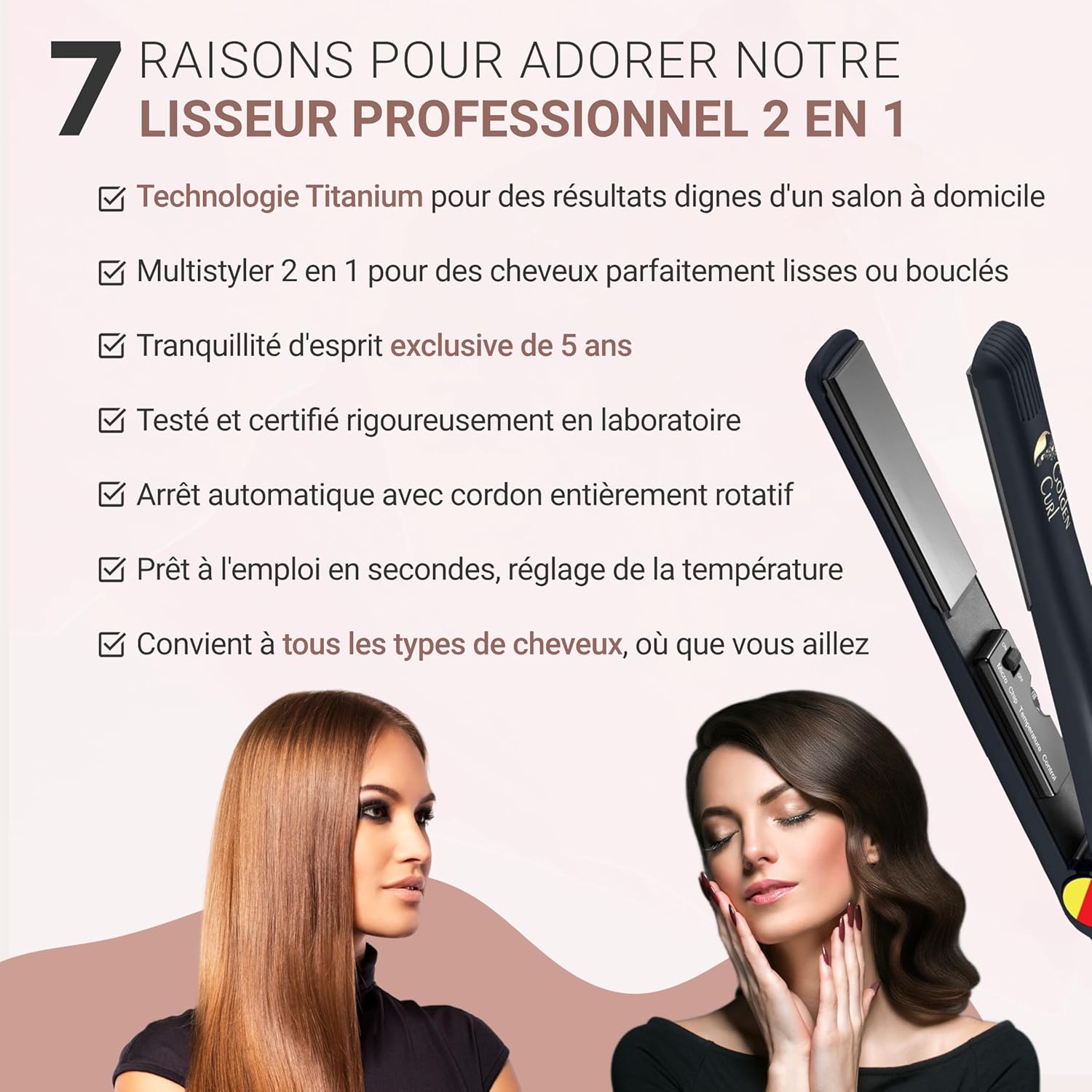 Golden Curl - Fer Lisseur Pro 2en1 - plaques 24mm - 5 ans garantie