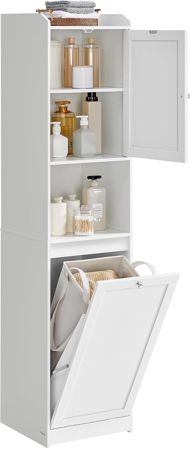 VASAGLE - meuble salle de bain haut - 40x40x170 cm - panier linge, sac amovible, porte, blanc - BBC761W01