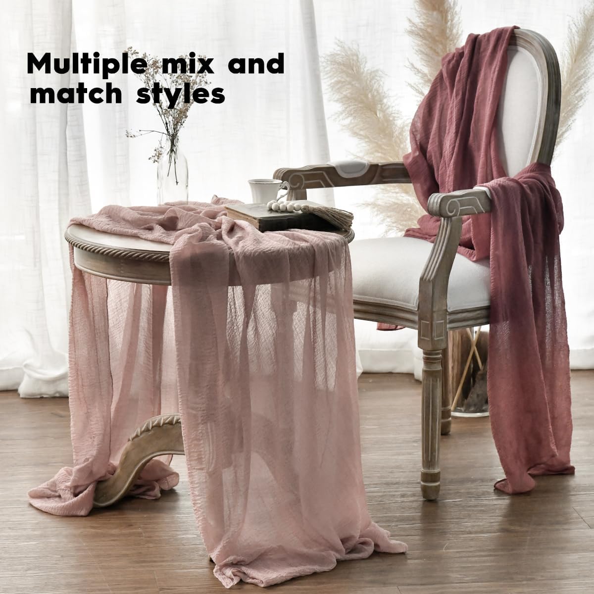 Artoid Mode - Chemins de Table Bohême - 400cm - gaze mousseline rose, déco mariage, fête