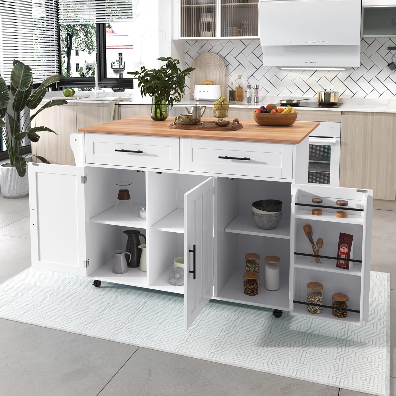 Desserte îlot de cuisine - blanc, 129x71x91,5cm - plans rabattables, 2 tiroirs, 3 portes