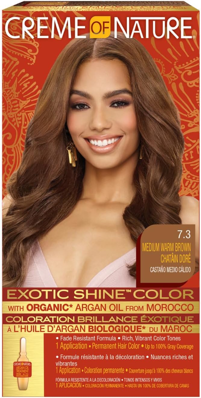 Creme of Nature - Argan Oil Coloration Permanente - couvre 100% cheveux blancs, cheveux bouclés à crépus, 7.3 Châtain do