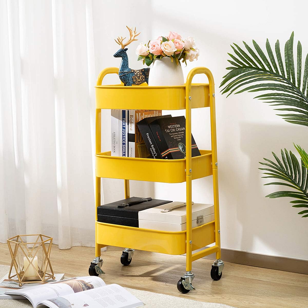 DOEWORKS - chariot de rangement métal 3 niveaux, roulettes, jaune