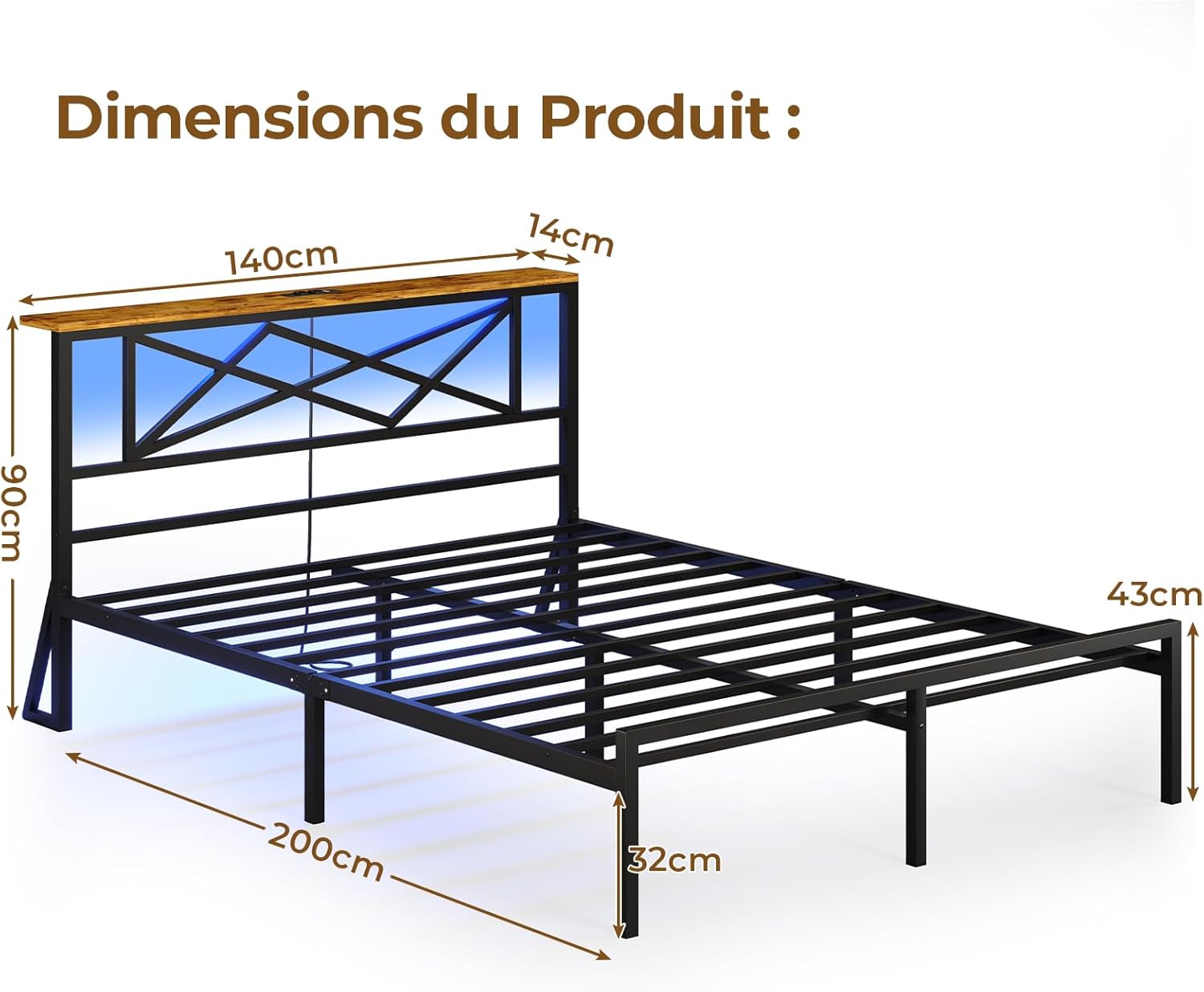 DICTAC - Lit double métal 140x200, LED, USB, rangement, vintage/NOIR - DICTAC