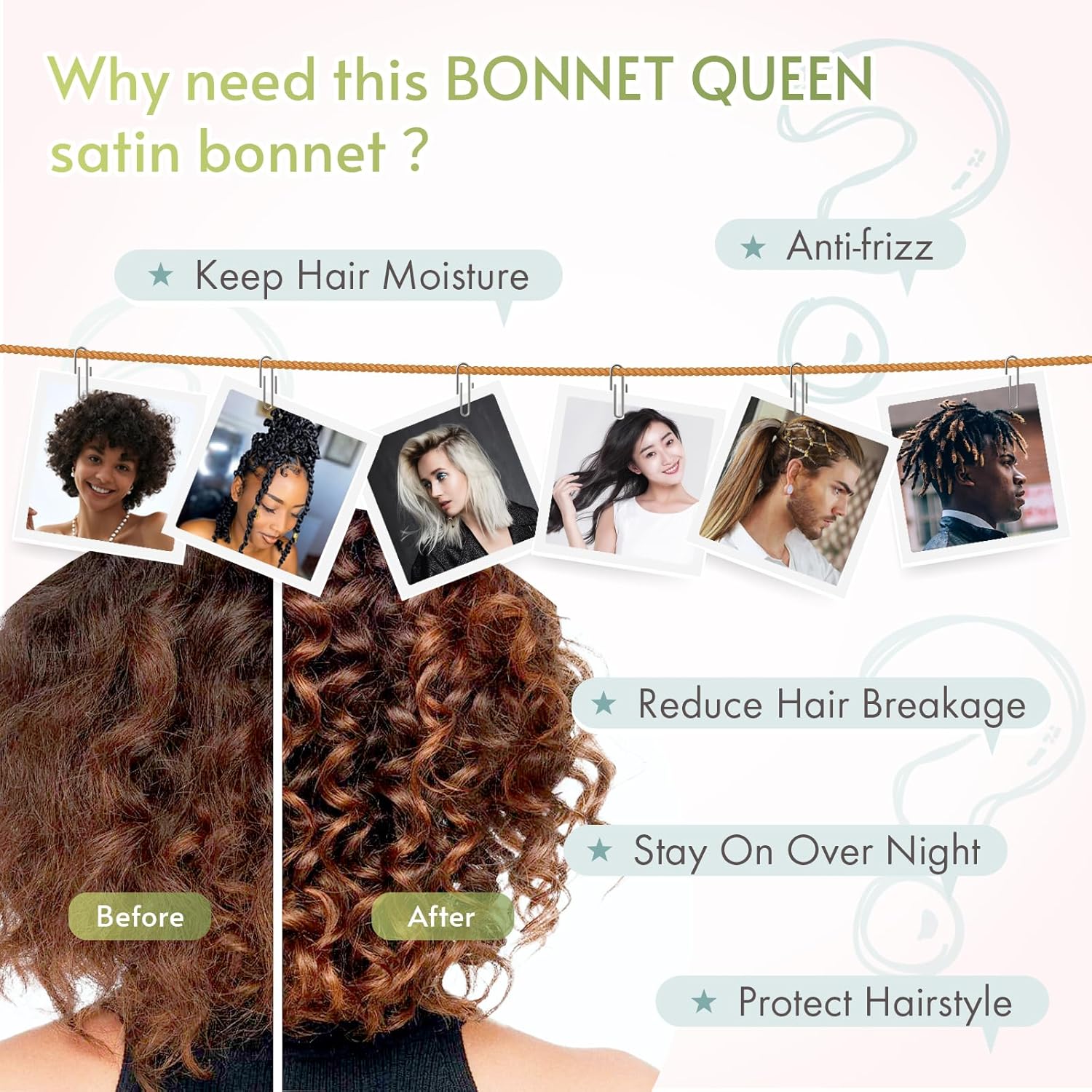 BONNET QUEEN - bonnet satin nuit ajustable, boucles, vert foncé, taille M