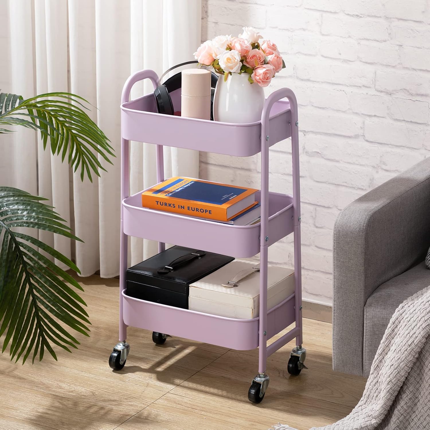DOEWORKS - Chariot à roulettes 3 niveaux métal - rangement cuisine, chambre et bureau - Violet clair