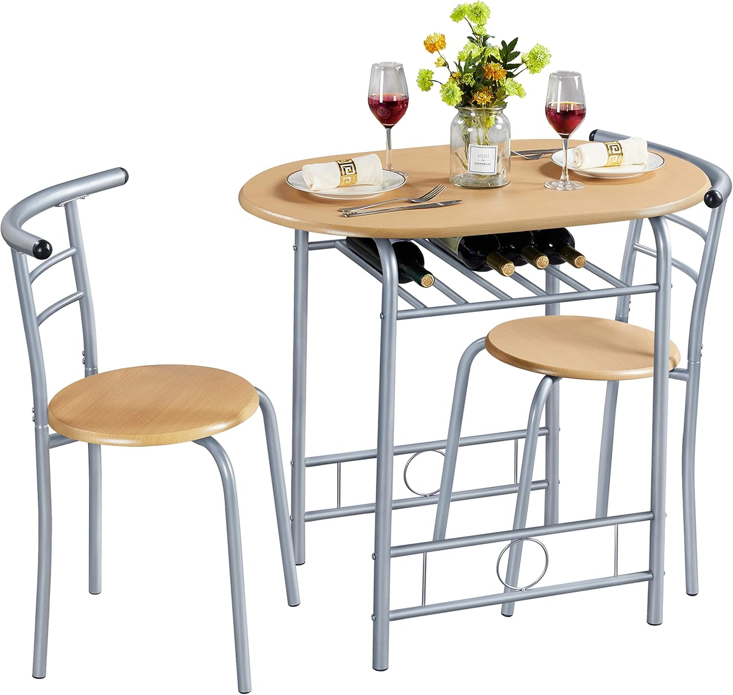 Yaheetech - ensemble table et 2 chaises, bois/argent, compact, porte-bouteilles