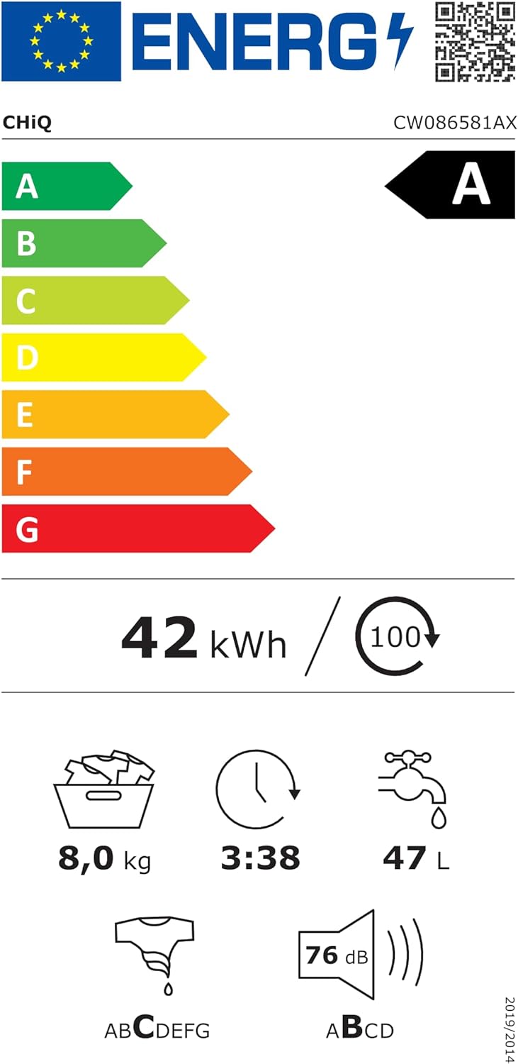 CHiQ - Lave-linge 8kg, écran LED tactile, vapeur, 1400tr/min, CW086581AX