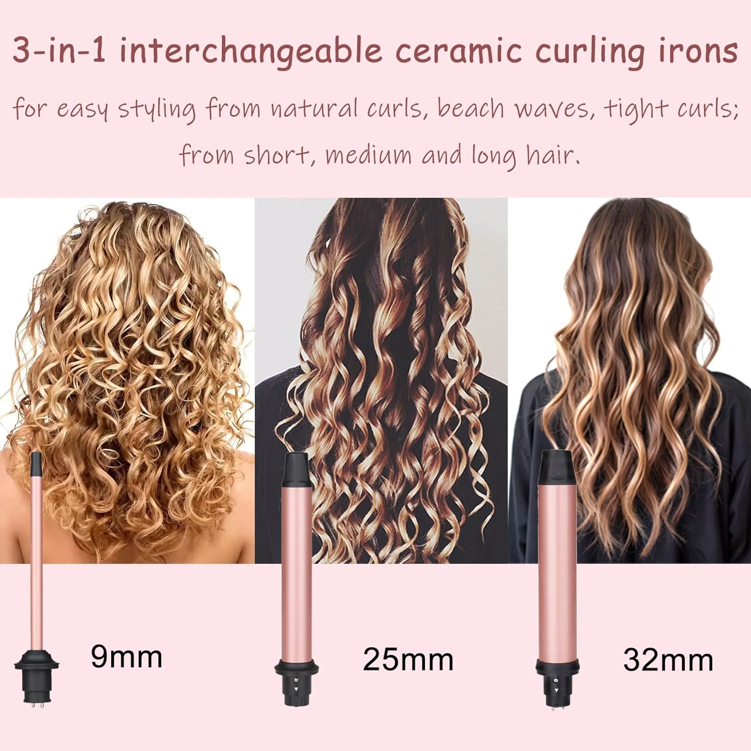 Boucleur cheveux céramique 9-32mm, écran LCD, 3 en 1, grosses vagues