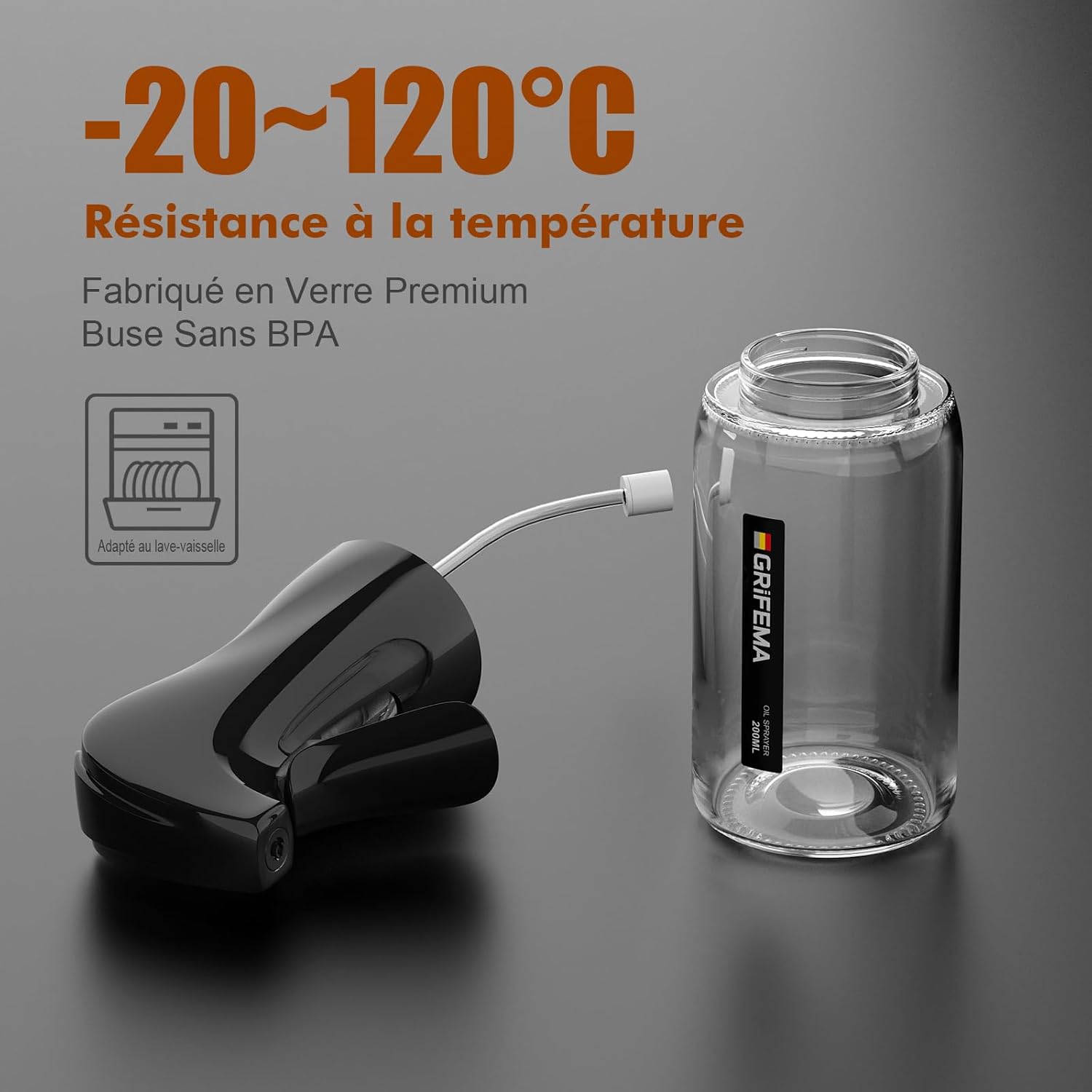 GRIFEMA - GE2003B - Pulvérisateur Huile Verre 200 ml - Jet réglable, nettoyage facile, noir