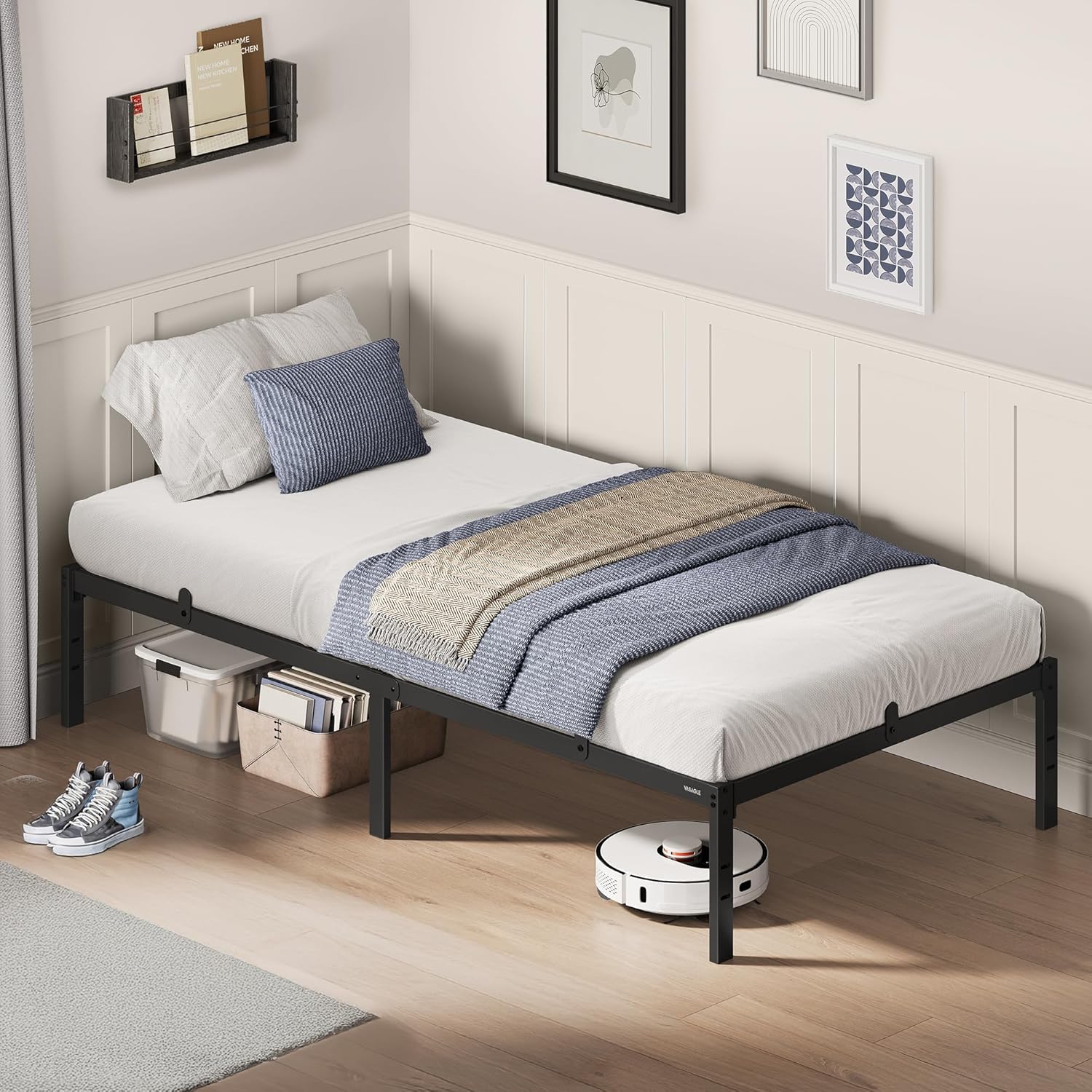 VASAGLE - cadre lit simple - 90x190 cm - métal, rangement, montage facile, RMB131B01