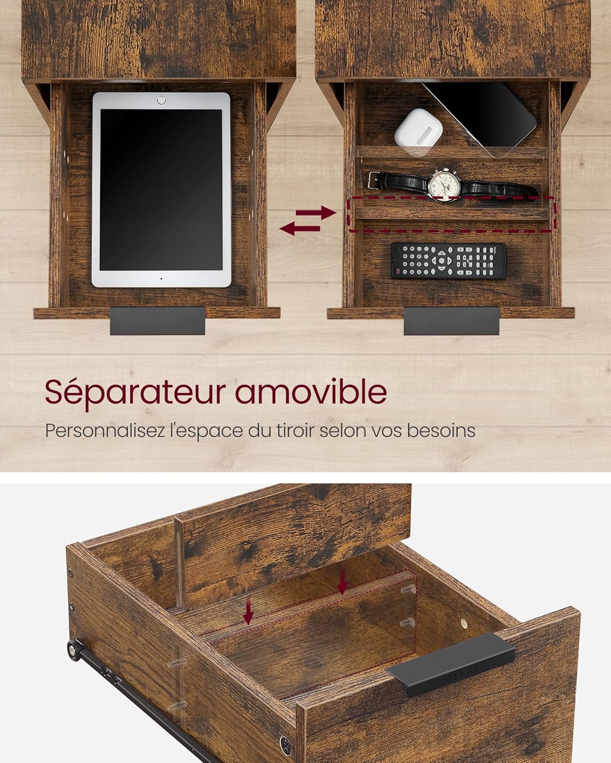 VASAGLE - table d'appoint 2 tiroirs, multiprise, rangement, 35x30x70cm - LET325B01
