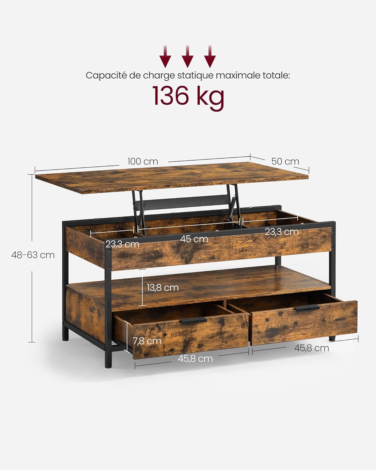 VASAGLE - Table basse plateau relevable, tiroirs, rangement - LCT209K01
