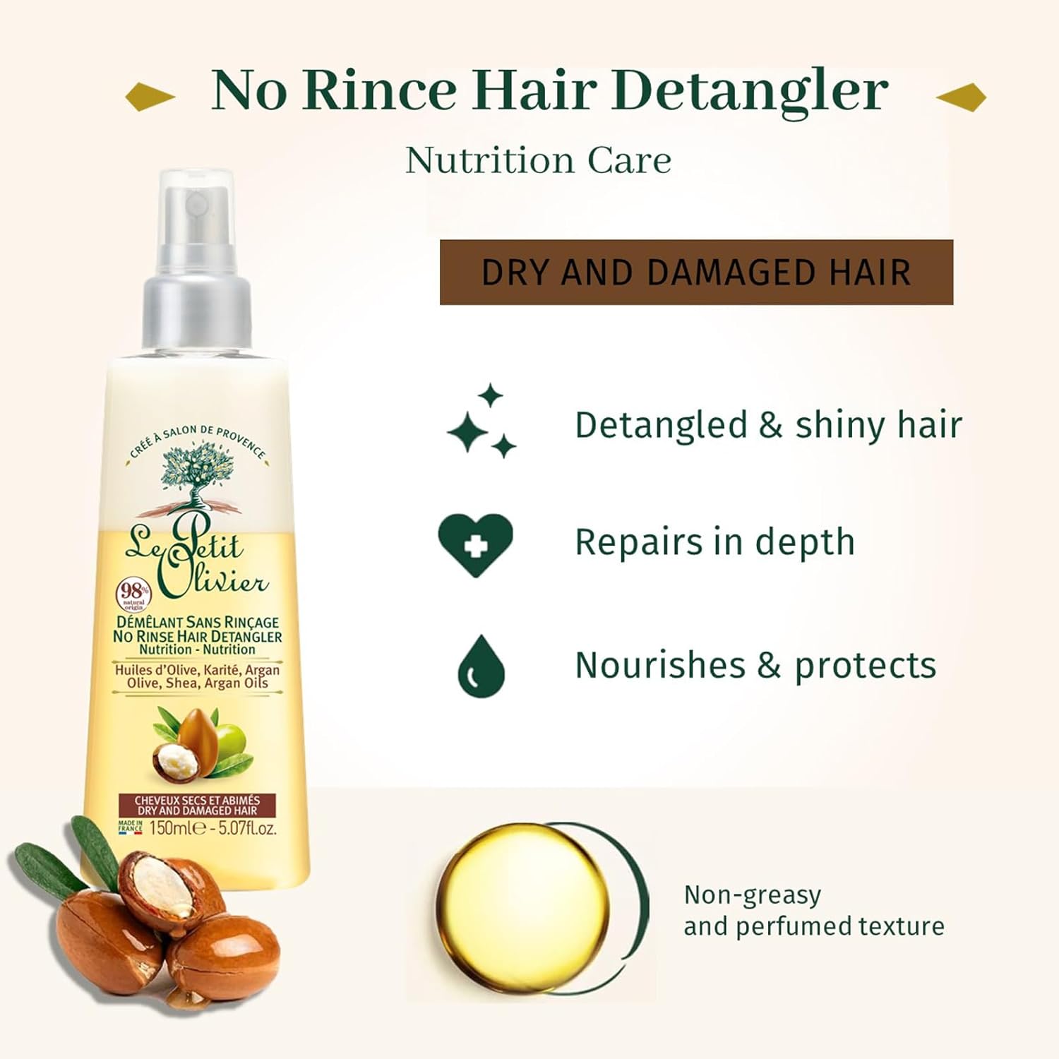 Le Petit Olivier - Spray démêlant nutrition 150 ml - cheveux secs, huiles naturelles, lot de 2