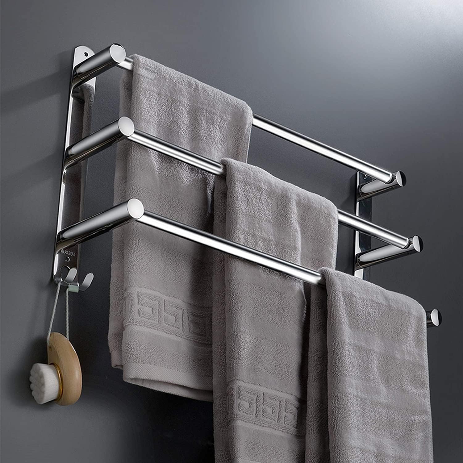 Porte-serviettes mural rétractable 3 niveaux, acier inox, argent, sans perçage