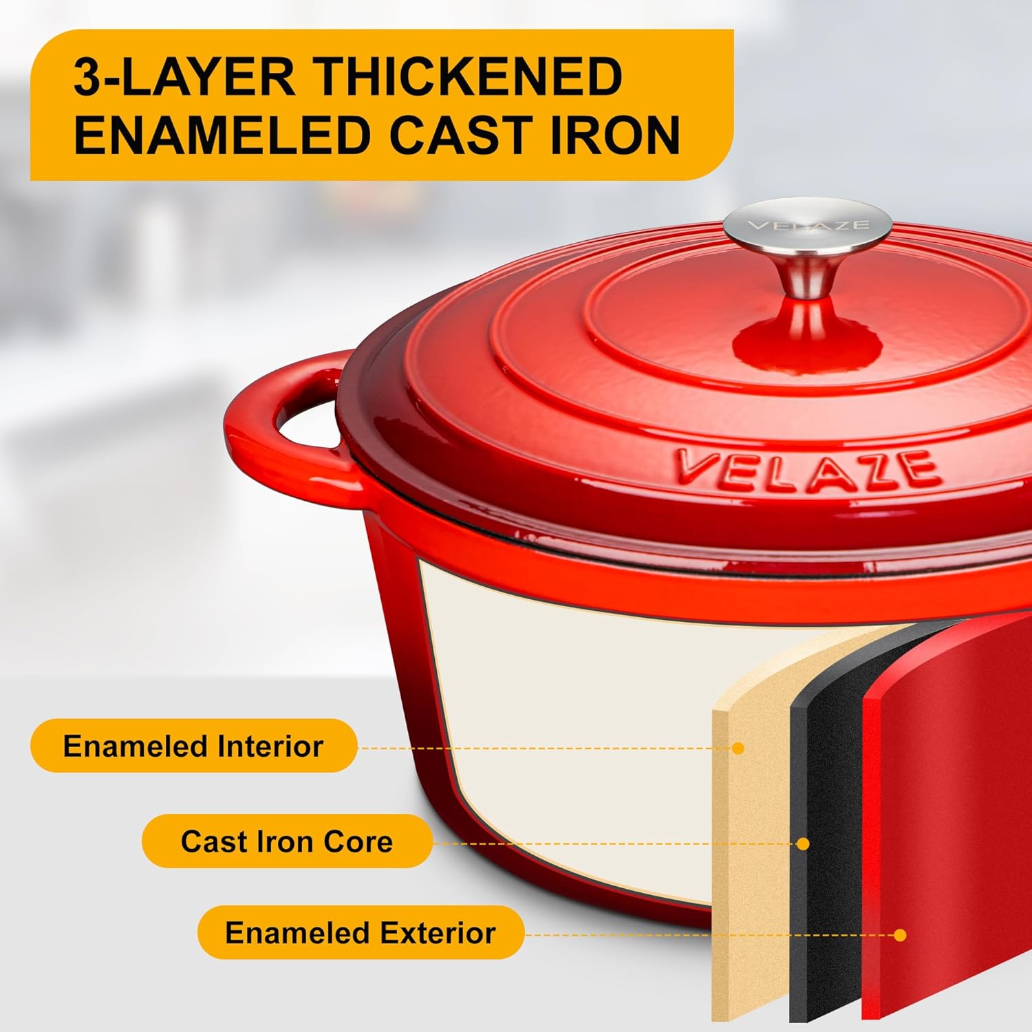 Velaze - Cocotte émaillée ronde 6.5L Ø29cm, induction, rouge