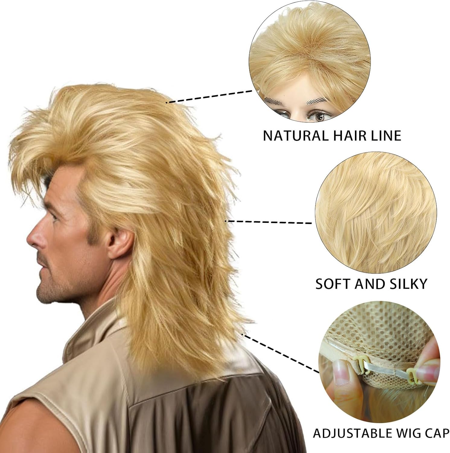Perruque mulet homme - blond longue bouclée - années 80/90 - idéale cosplay carnaval halloween