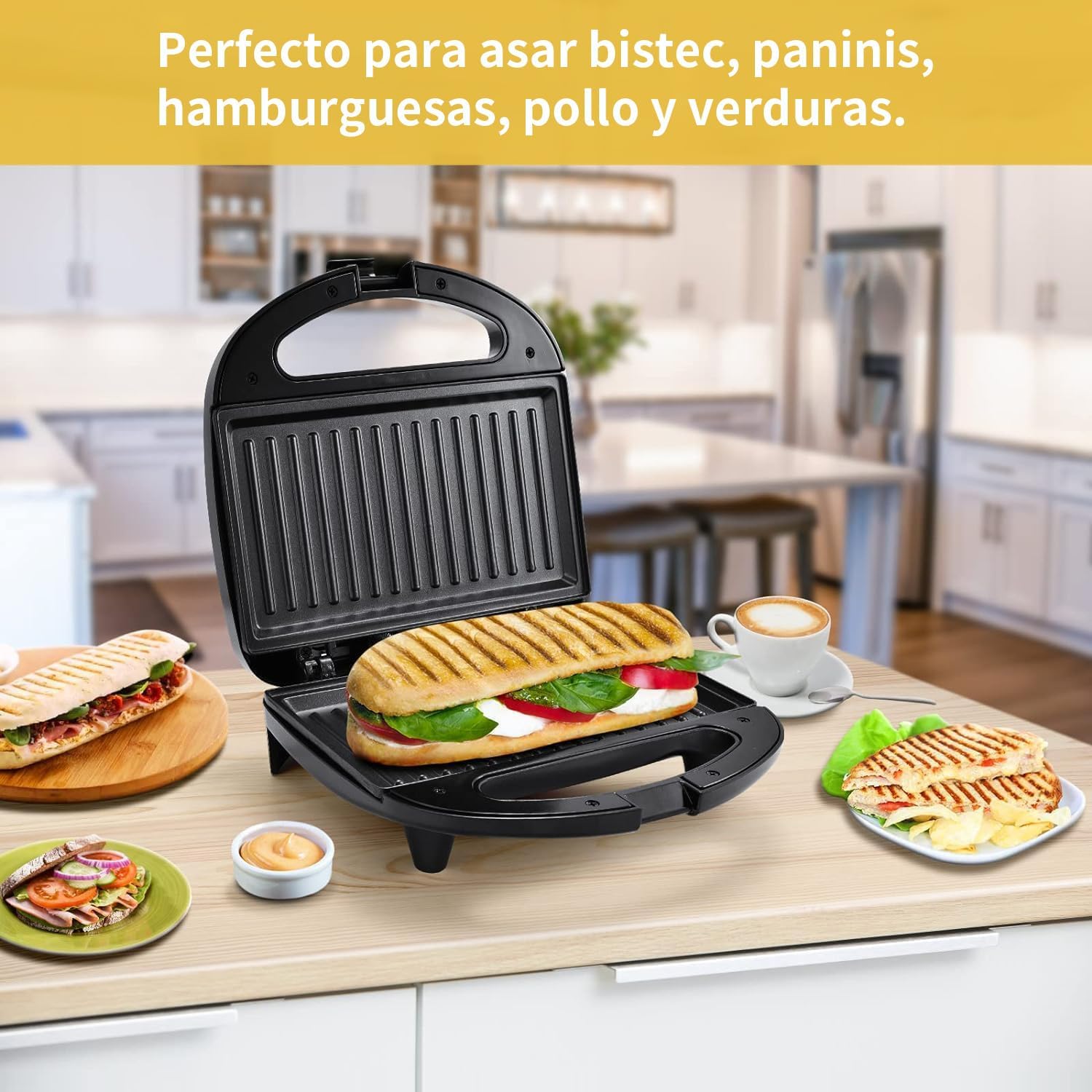 YASHE - Grill Panini 750W - plaques antiadhésives, poignée froide