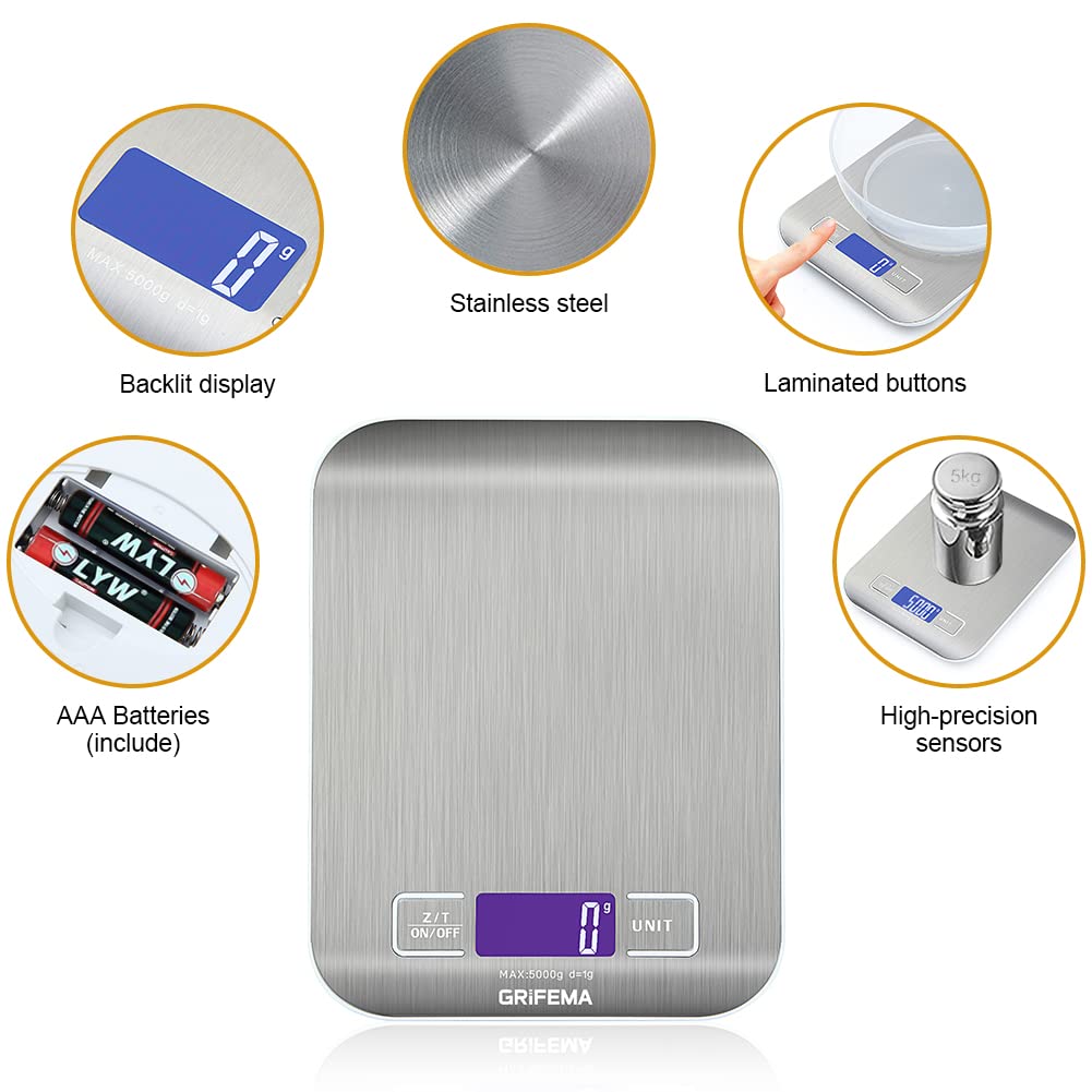 GRIFEMA - balance cuisine GA2002 - 5000g/1g - LCD, tare, inox, 6 unités