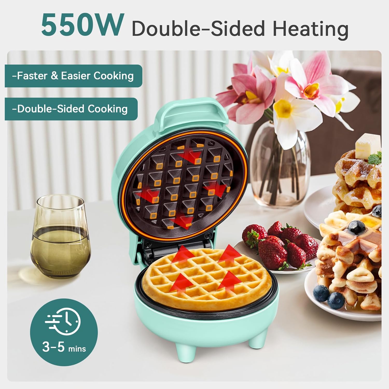SNAILAR - mini gaufrier classique, compact, 550W, vert, petit format