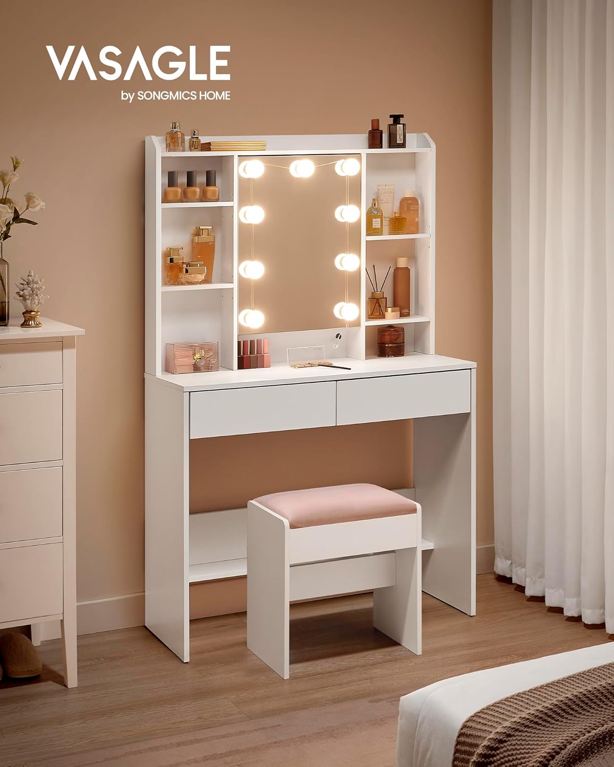 VASAGLE - coiffeuse moderne, miroir LED, 2 tiroirs, blanc, RDT126W01