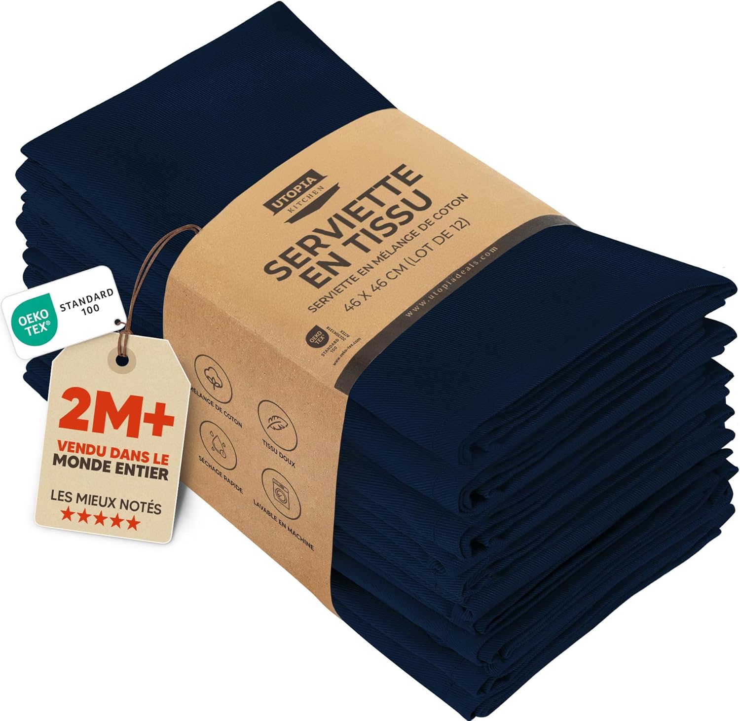 Utopia Kitchen - serviettes de table - 46x46 cm - coton mélangé lavable, lot de 12