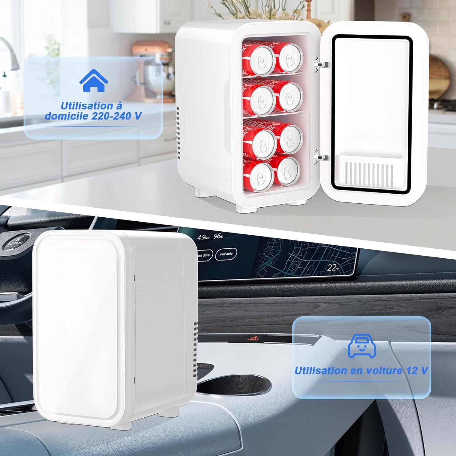 YASHE - mini réfrigérateur 6L - portable AC/DC, 8 canettes, blanc