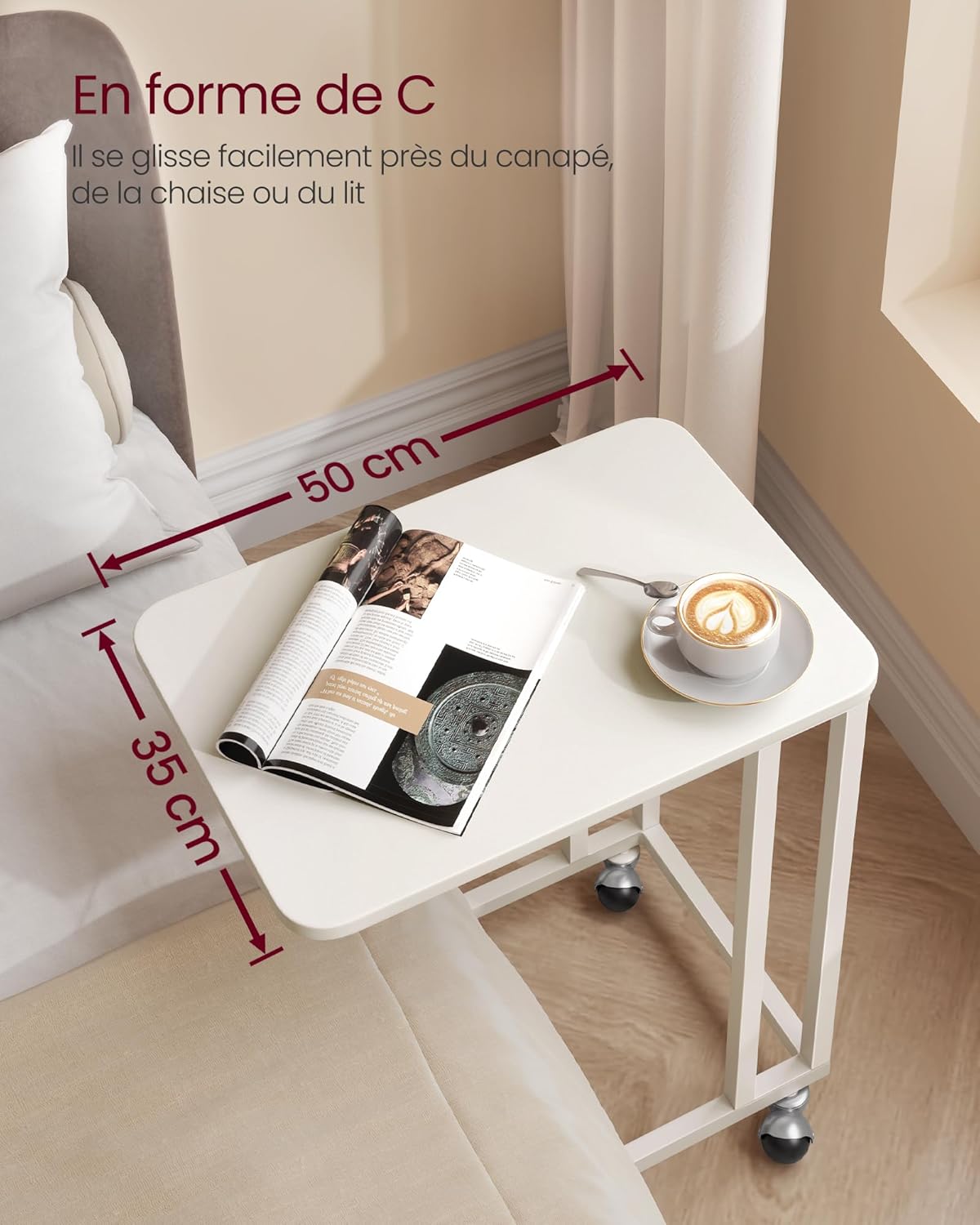 VASAGLE - Table d’appoint moderne, acier, roulettes, montage facile, 50x35x65 cm, LNT050W77