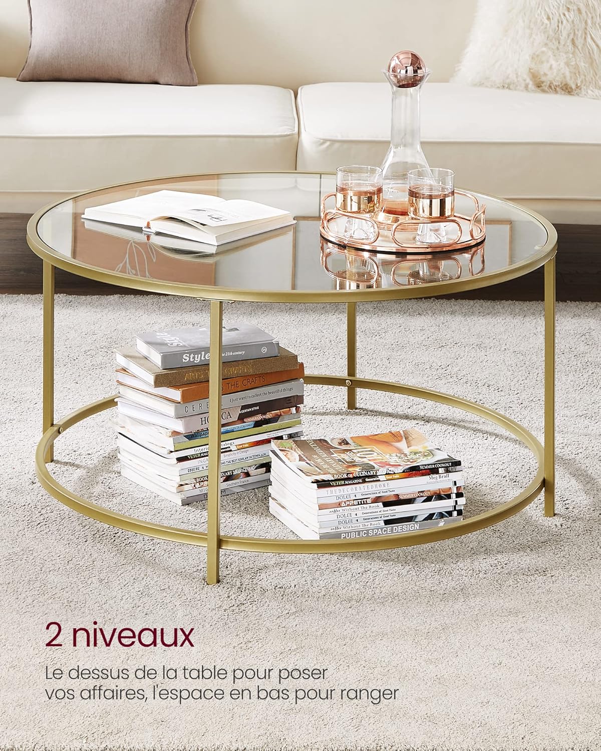 VASAGLE - Table basse ronde dorée verre, cadre AER, 55x55x45 cm, LGT21G