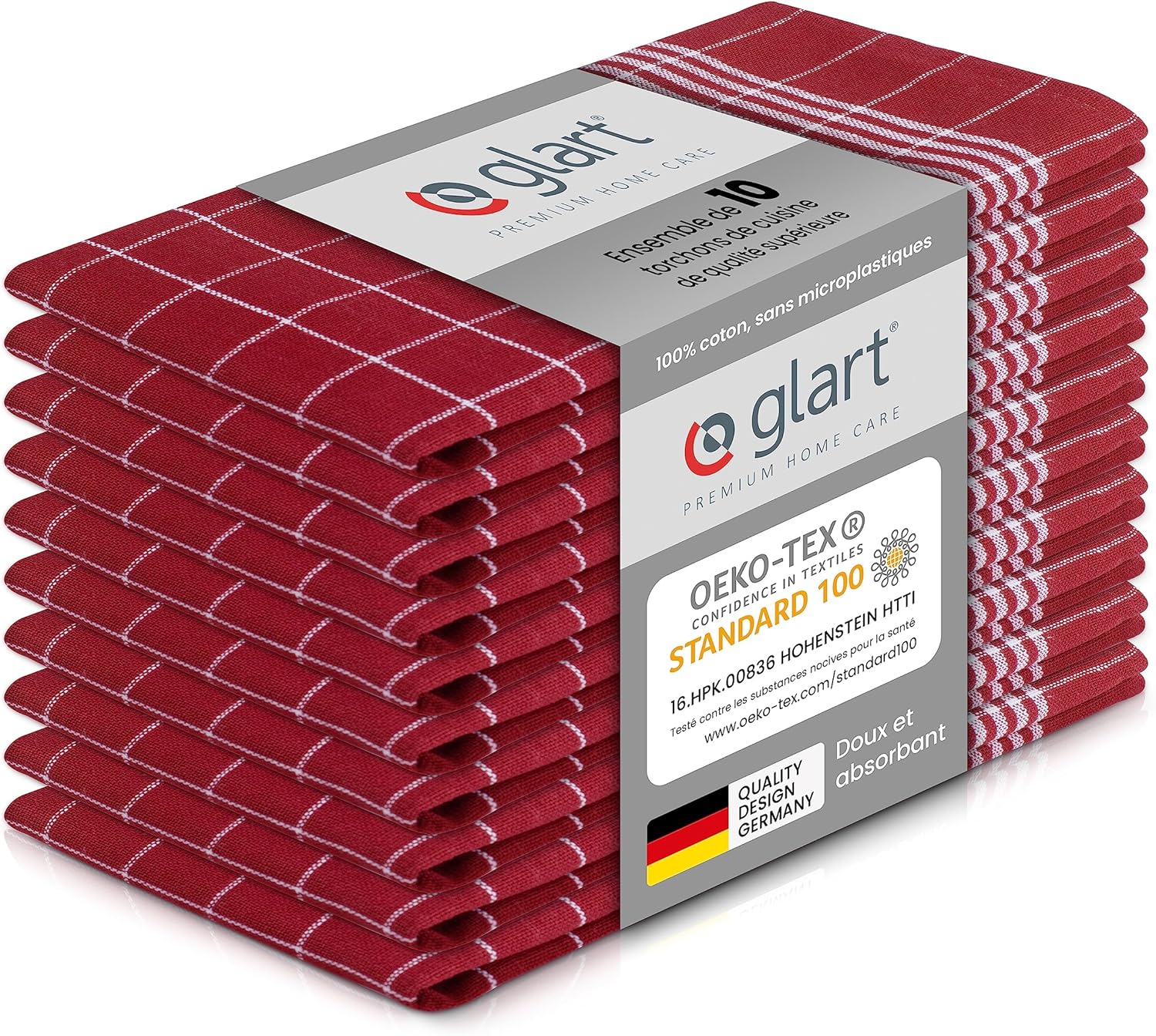 Glart - torchons 48RI2 - 50x70cm - coton rouge, OEKO-TEX, prélavés 48RI2