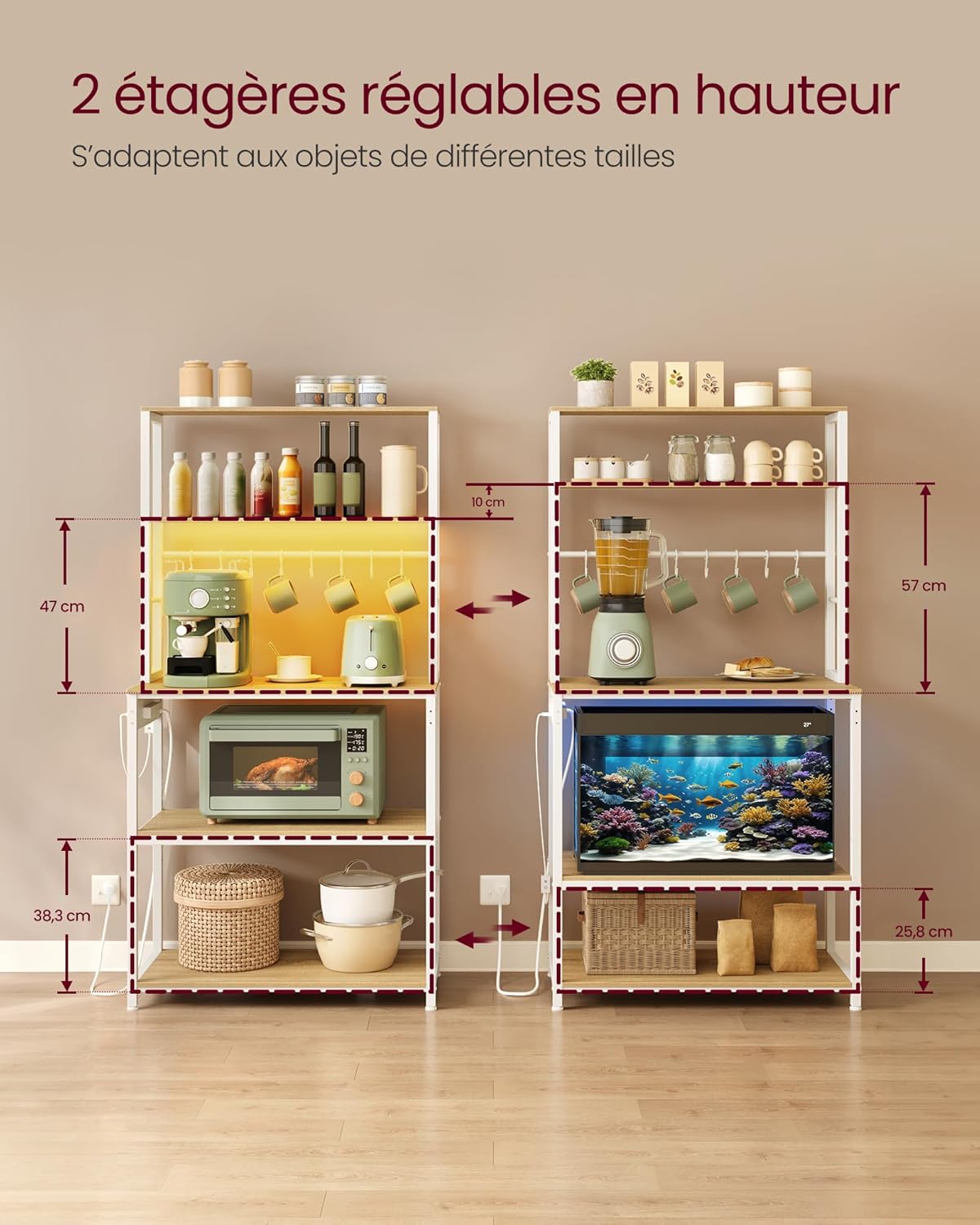 VASAGLE Étagère de Cuisine avec LED, Meuble de Cuisine avec Multiprise, Support pour Micro-Ondes avec Étagères Réglables, 8 Crochets, 40 x 80 x 168,4 cm, Doré Chêne et Blanc Mat KKS050YA01